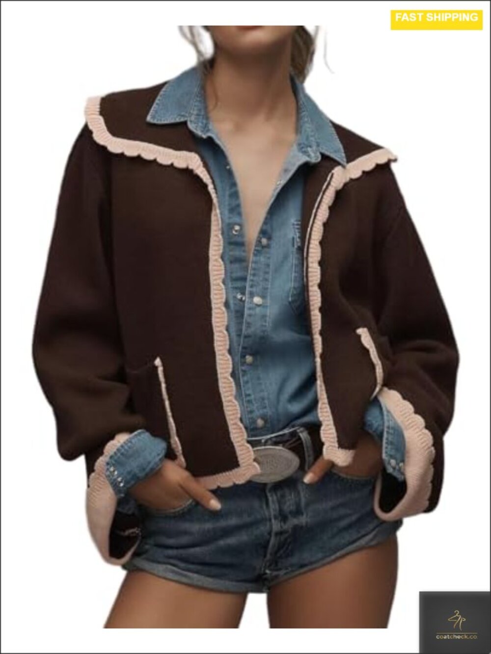 Womens Contrast Trim Scalloped Knit Jacket Cropped Collared Coat